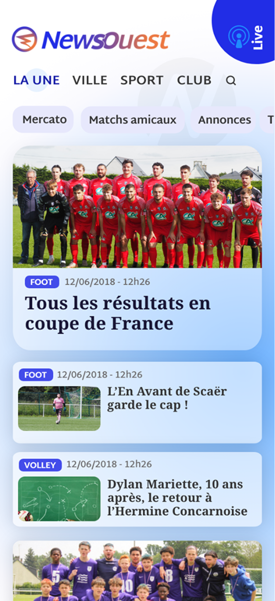 Capture d'écran Newsouest - Page d'accueil actualité sportive